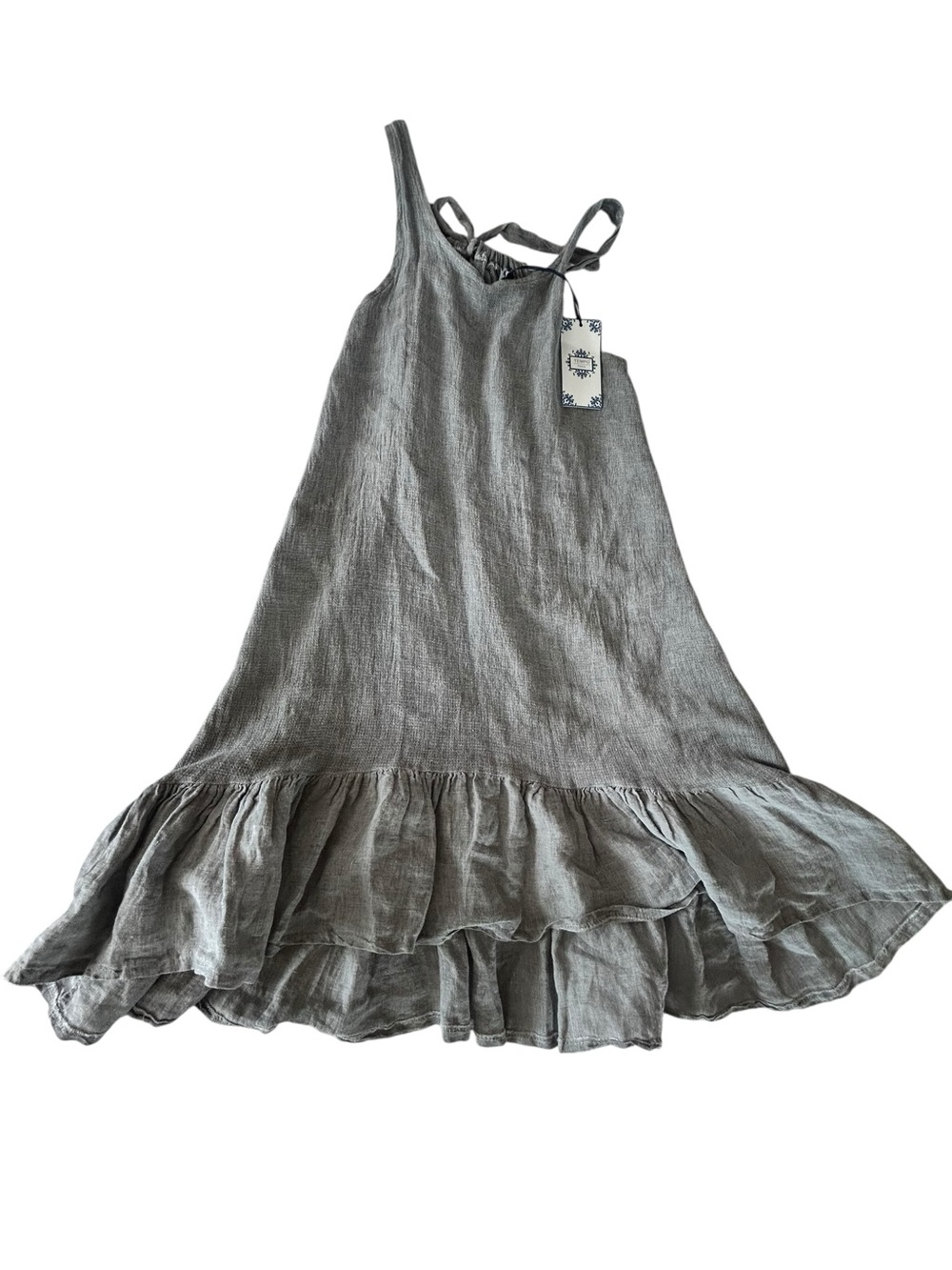 Tempo Paris 100% Linen Sleeveless Ruffled Hem Midi Dress M/L Gray Italy NWT - Picture 2 of 13